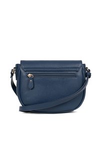 Borsa a tracolla in pelle blu navy con finitura texturizzata, tasca con zip sulla parte anteriore e tracolla regolabile. Design compatto e strutturato.