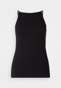 Camisola nera con spalline sottili, realizzata in tessuto morbido. Presenta un collo arrotondato e una silhouette aderente, senza alcun motivo o decorazione.