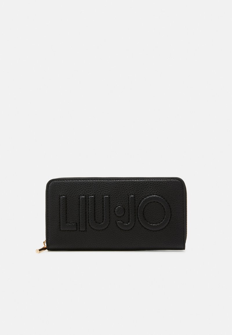 Cartera de cuero negra con acabado texturizado, que presenta el logo embosado "LIU·JO", forma rectangular y cremallera en tono dorado.