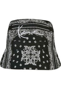 Black bucket hat made of fabric with a paisley print in white, featuring intricate patterns and a wide, soft brim.