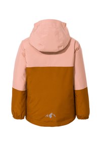 Giacca resistente all'acqua con cappuccio, design a blocchi di colore in rosa e marrone, polsini elastici e logo di una montagna vicino all'orlo.