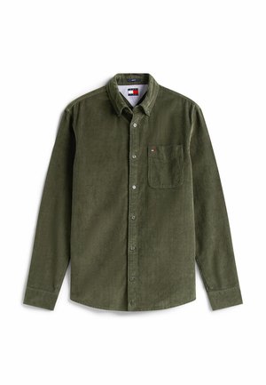 Olive green corduroy shirt with a button-down collar, chest pocket, and subtle stripe detail on the inner collar. Features front button placket.