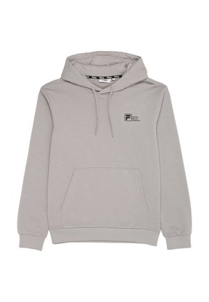 Jasnoszara bluza z kapturem FILA z przednią kieszenią kangurzą, kapturem ze sznurkiem, ściągaczami przy rękawach i małym czarnym logo na lewej piersi.