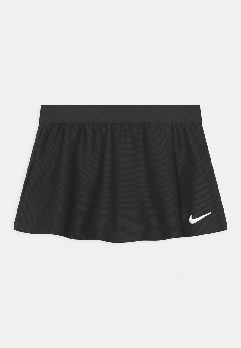 Svart treningsskjørt med ribbestruktur, elastisk midjebånd, og hvit Nike-logo nederst til høyre.