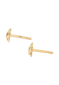 Øreringe i guldfarve formet som rokker, med teksturerede overflader og små huller, med lås bagpå til fastgørelse.