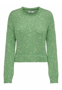 Zielony dziergany sweter z długimi rękawami, okrągłym dekoltem i krótkim krojem. Tkanina zdobiona jest żółtymi i białymi plamkami.