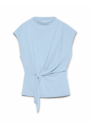 Haut sans manches bleu clair avec un col haut et un twist de tissu à l'avant noué en nœud à la taille.