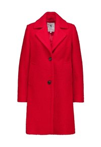 Manteau en mélange de laine rouge avec un col cranté, trois boutons noirs, poches latérales et finition texturée. Conçu pour un ajustement sur mesure.