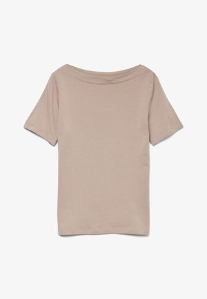 Beige short-sleeve t-shirt with wide boat neckline shown from the back on a white background.