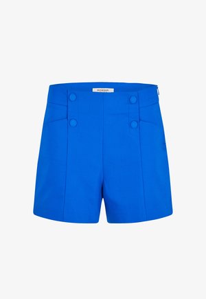 Blue shorts made of smooth fabric, featuring two large buttons at the front, side pockets, and a tailored look with crisp lines.