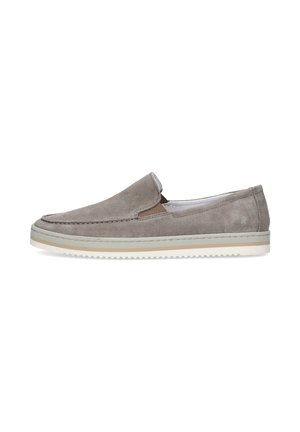 Mocassino slip-on in suede grigio chiaro con pannelli laterali elastici beige e suola in gomma bianca con striscia beige.