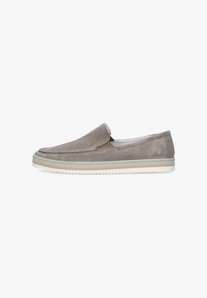 Mocassino slip-on in suede grigio chiaro con pannelli laterali elastici beige e suola in gomma bianca con striscia beige.