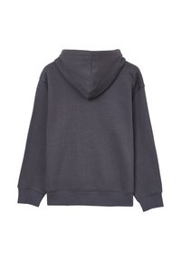 Felpa grigia scura con cappuccio, realizzata in tessuto morbido. Presenta una vestibilità comoda, polsini e orlo ribattuti, con un design minimalista.