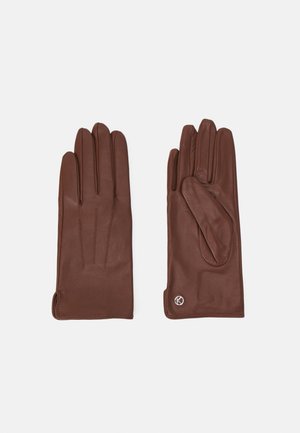 Brown leather gloves with three-seam detailing on the back, smooth finish, and a small logo accent on the wrist area.