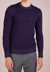 Pull-over en tricot violet profond, présentant un col rond côtelé, des poignets côtelés, un tissu texturé et une silhouette ajustée.