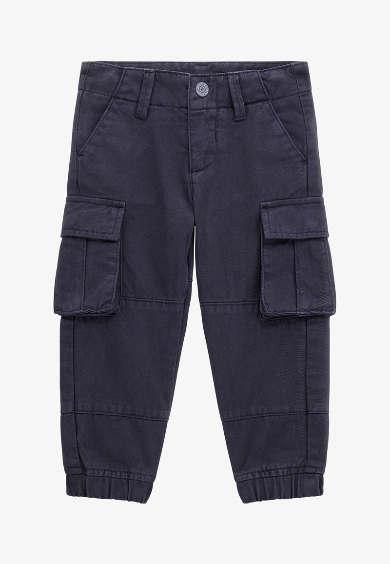 Pantaloni cargo blu navy in cotone con polsini elastici, dotati di due tasche laterali e due grandi tasche cargo sulle cosce.
