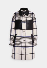 Plaid coat with black leather accents, featuring a button-up front, two chest pockets, and a collar. Soft wool blend with blue stripes.