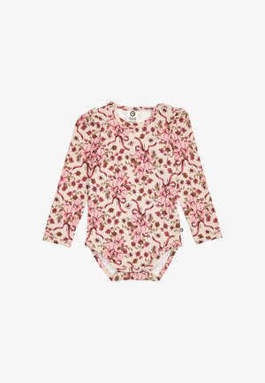 Heldækkende babybody med lange ærmer med pink og brun blomstermønster og bånd på en cremefarvet baggrund.