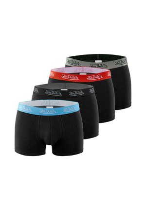 Caleçons boxers noirs en pack de quatre, avec des ceintures élastiques bleues, rouges, grises et vertes, toutes ornées de logos "Von Dutch".