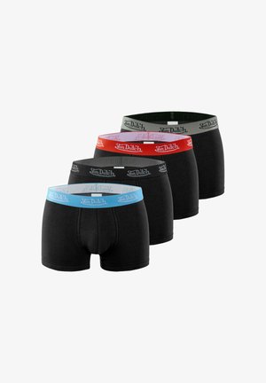 Caleçons boxers noirs en pack de quatre, avec des ceintures élastiques bleues, rouges, grises et vertes, toutes ornées de logos "Von Dutch".