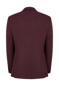 Bordowy żakiet w stylu smokingowym o teksturowanym wykończeniu, z jednym rozcięciem i klapami. Posiada trzy guziki na rękawach.