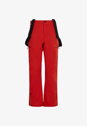 Rode skibroek van duurzaam stof, met verstelbare bandjes, ritszakken en een rechte pijp.