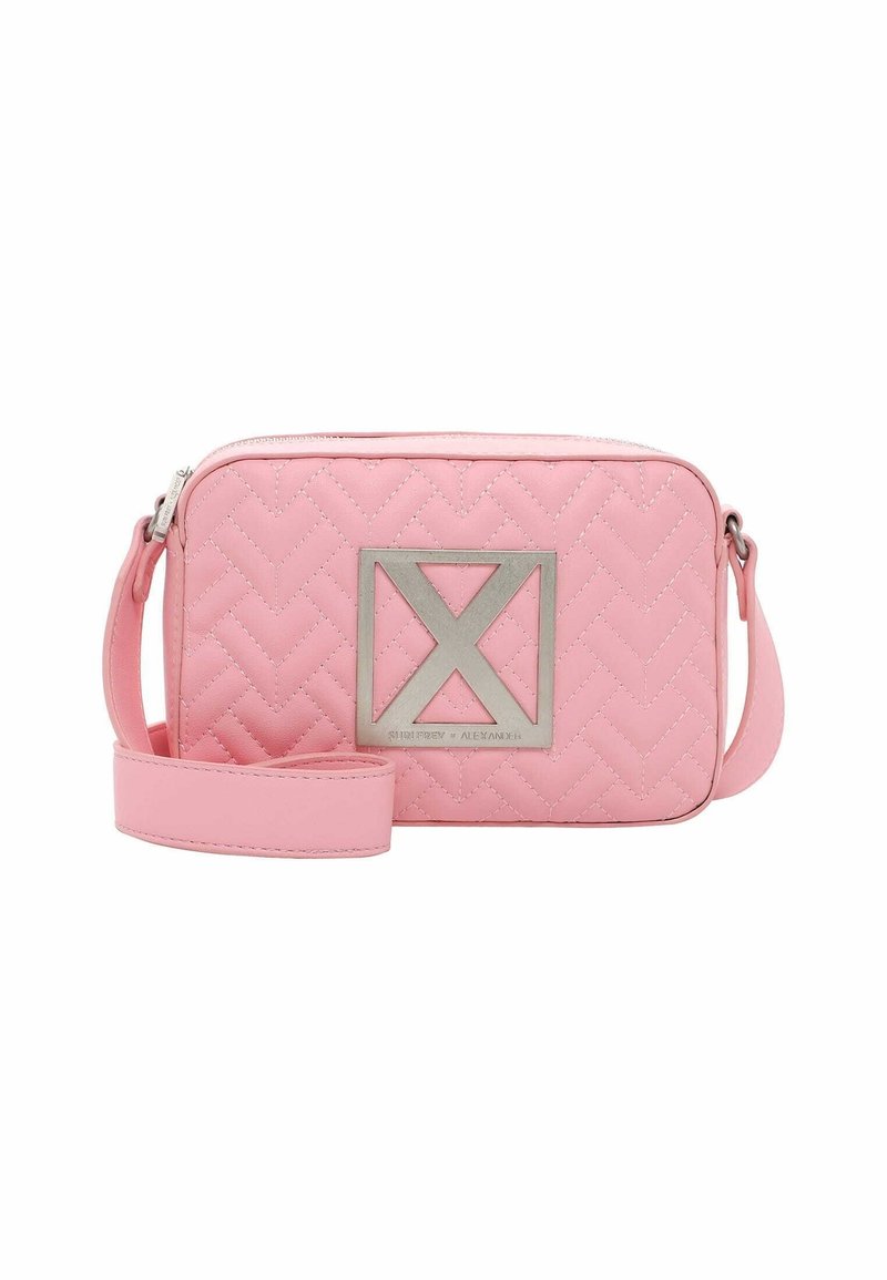 Borsa a tracolla imbottita rosa di forma rettangolare, con hardware argento che presenta un logo prominente e una tracolla rimovibile per versatilità.