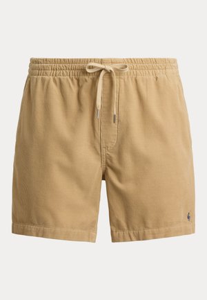 Pantaloncini beige in velluto a coste con vita elastica, coulisse, cucitura frontale e piccolo logo ricamato sull'orlo sinistro.