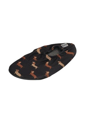 Black fabric slipper with elastic opening, decorated with repeated tan and brown dachshund dog pattern.