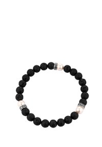 Svart lavasten armband med två rosa pärlor och dekorativa metallavstånd, vilket skapar ett texturerat och lager-på-lager utseende.