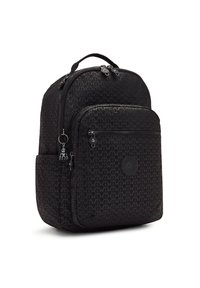 Black fabric backpack featuring geometric pattern, dual zip compartments, front pocket, rounded shape, and padded back panel.