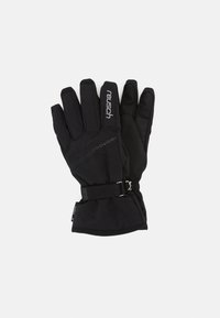 Schwarze Winterhandschuhe aus weichtexturiertem Stoff. Mit einem Riemen zur Anpassung und einem Logo am Handgelenk. Mehrfingerdesign.