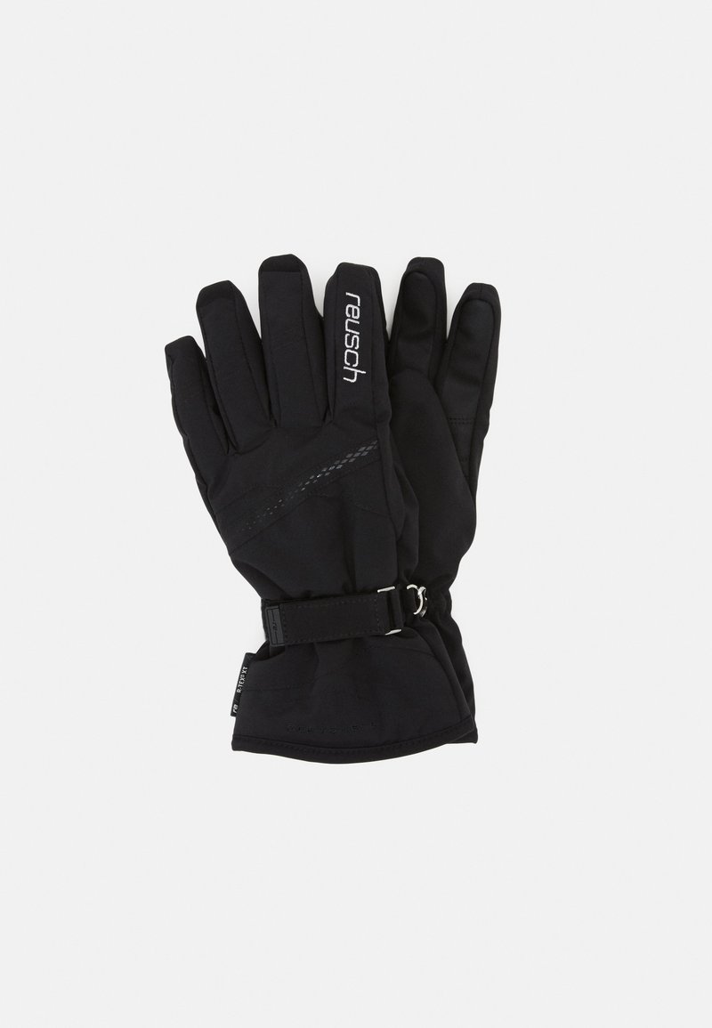 Schwarze Winterhandschuhe aus weichtexturiertem Stoff. Mit einem Riemen zur Anpassung und einem Logo am Handgelenk. Mehrfingerdesign.