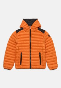 Padded orange jacket with a hood, featuring black accents on the shoulders and zippers, multiple zippered pockets, and a ribbed hem.