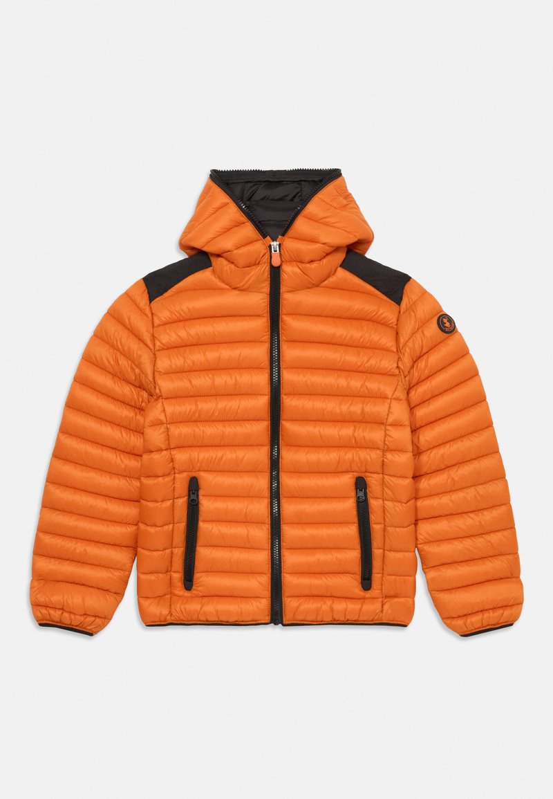 Padded orange jacket with a hood, featuring black accents on the shoulders and zippers, multiple zippered pockets, and a ribbed hem.