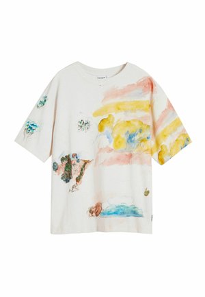 T-shirt a maniche corte in cotone crema con motivi astratti ad acquerello nei toni del blu, giallo e rosa, dal taglio rilassato e colletto rotondo.