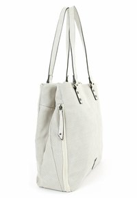 Biały perforowany torba na zakupy z czarnymi akcentami, wyposażona w podwójne uchwyty, zamek błyskawiczny i boczną kieszeń dla zwiększenia funkcjonalności.