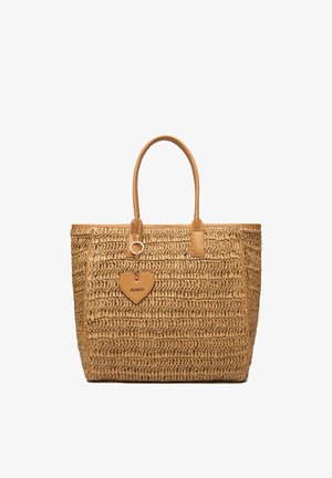 Tan woven tote bag with two handles and a heart-shaped leather tag engraved with "JENNY" hanging from a silver chain.
