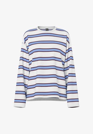 Hosszú ujjú csíkos ing fehér anyagból, világoskék és bordó vízszintes csíkokkal. Kerek nyakkivágás, laza szabás.