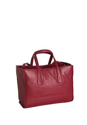 Rote rechteckige Lederhandtasche mit doppelten Tragegriffen, strukturierter Form und sichtbaren Nähten auf weißem Hintergrund.