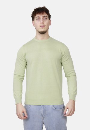 Giovane uomo in piedi di fronte, indossa un maglione verde chiaro a maniche lunghe e jeans azzurri chiari su uno sfondo neutro.