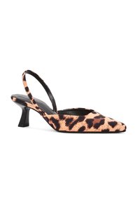 Décolleté con stampa leopardata, punta affilata, dettagli neri e tessuto texturizzato. Presentano un tacco kitten e un design aperto sul retro.