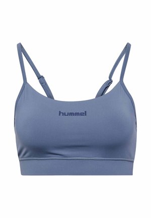 Blauer Sport-BH mit verstellbaren dünnen Trägern und dem Markennamen "hummel" auf der vorderen Mitte.