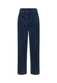 Marineblaue Cordhosen mit geradem Bein, feiner Rippstruktur, Knopfverschluss und Vordertaschen.