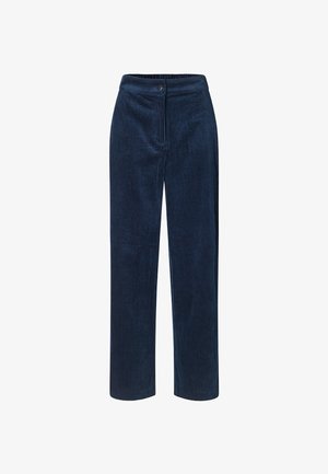 Tamsiai mėlyni korduro kelnės su tiesiomis kojomis, subtilia briaunoto audinio tekstūra, sagų užsegimu ir priekinėmis kišenėmis.