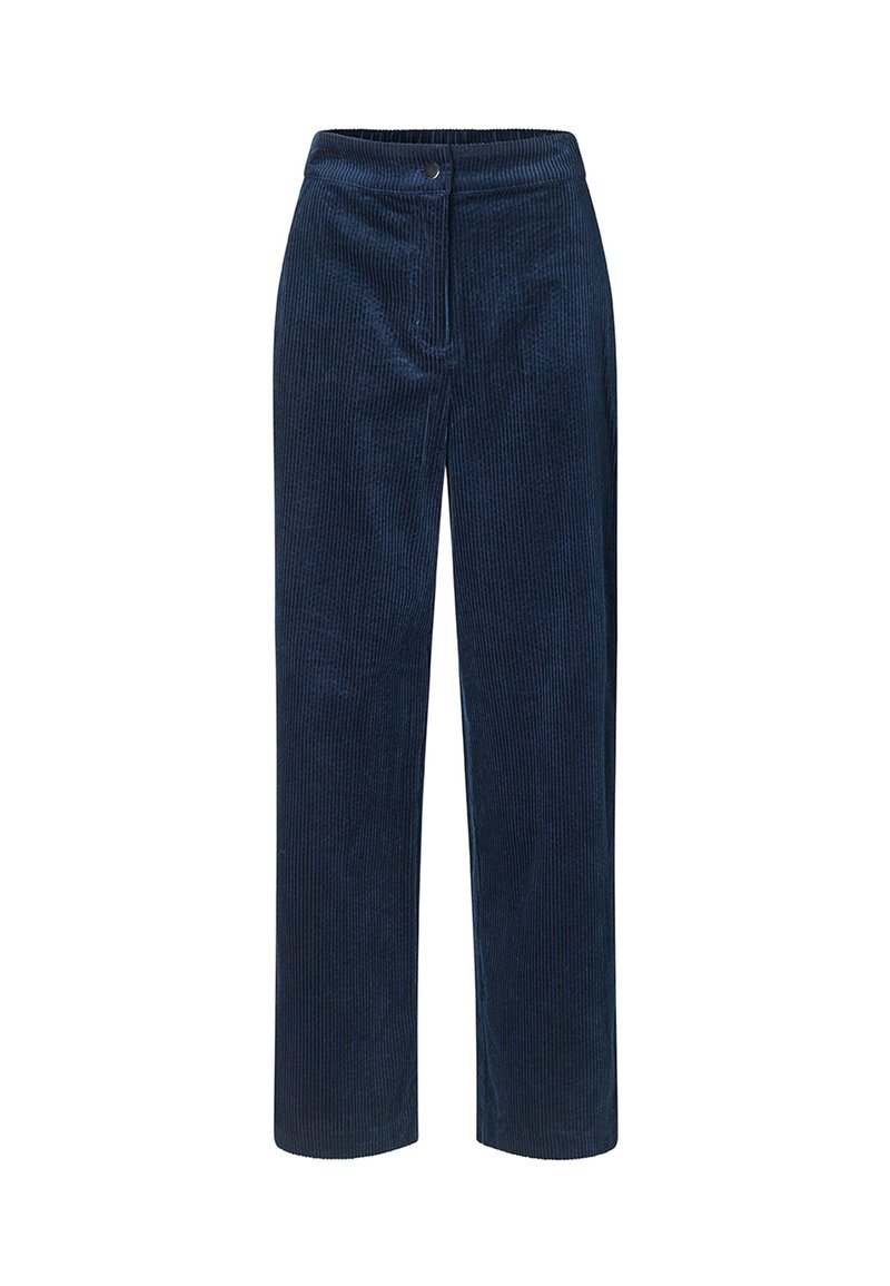 Marineblaue Cordhosen mit geradem Bein, feiner Rippstruktur, Knopfverschluss und Vordertaschen.