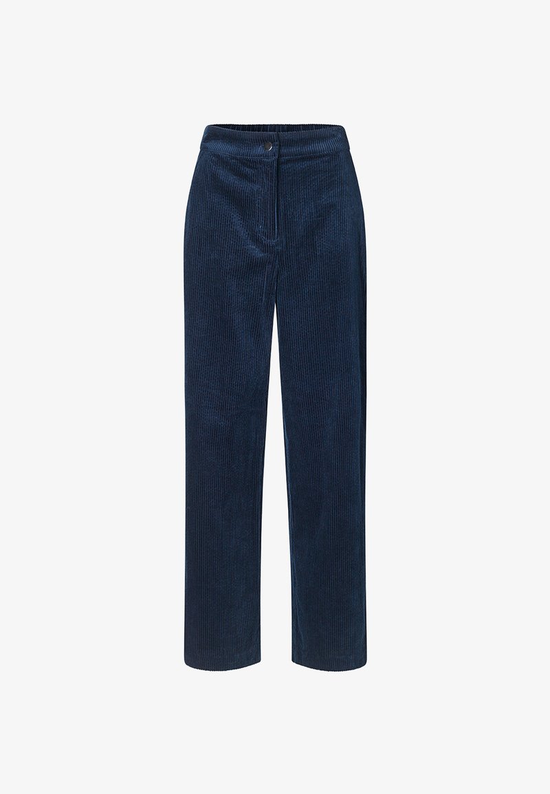 Marineblaue Cordhosen mit geradem Bein, feiner Rippstruktur, Knopfverschluss und Vordertaschen.