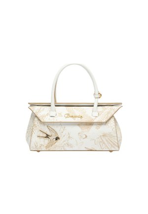 Borsa bianca strutturata con ornamento dorato a forma di uccello, stampa naturale sottile, manico superiore e logo "Braccialini" dorato sulla patta.