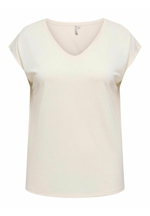 Short-sleeved V-neck top in light beige, made from soft, smooth fabric with a relaxed fit and round hemline. No patterns or embellishments.