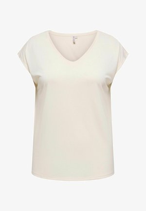 Top de manga corta con cuello en V en un tono beige claro, hecho de una tela suave y lisa con un ajuste relajado y un dobladillo redondeado. Sin patrones ni adornos.